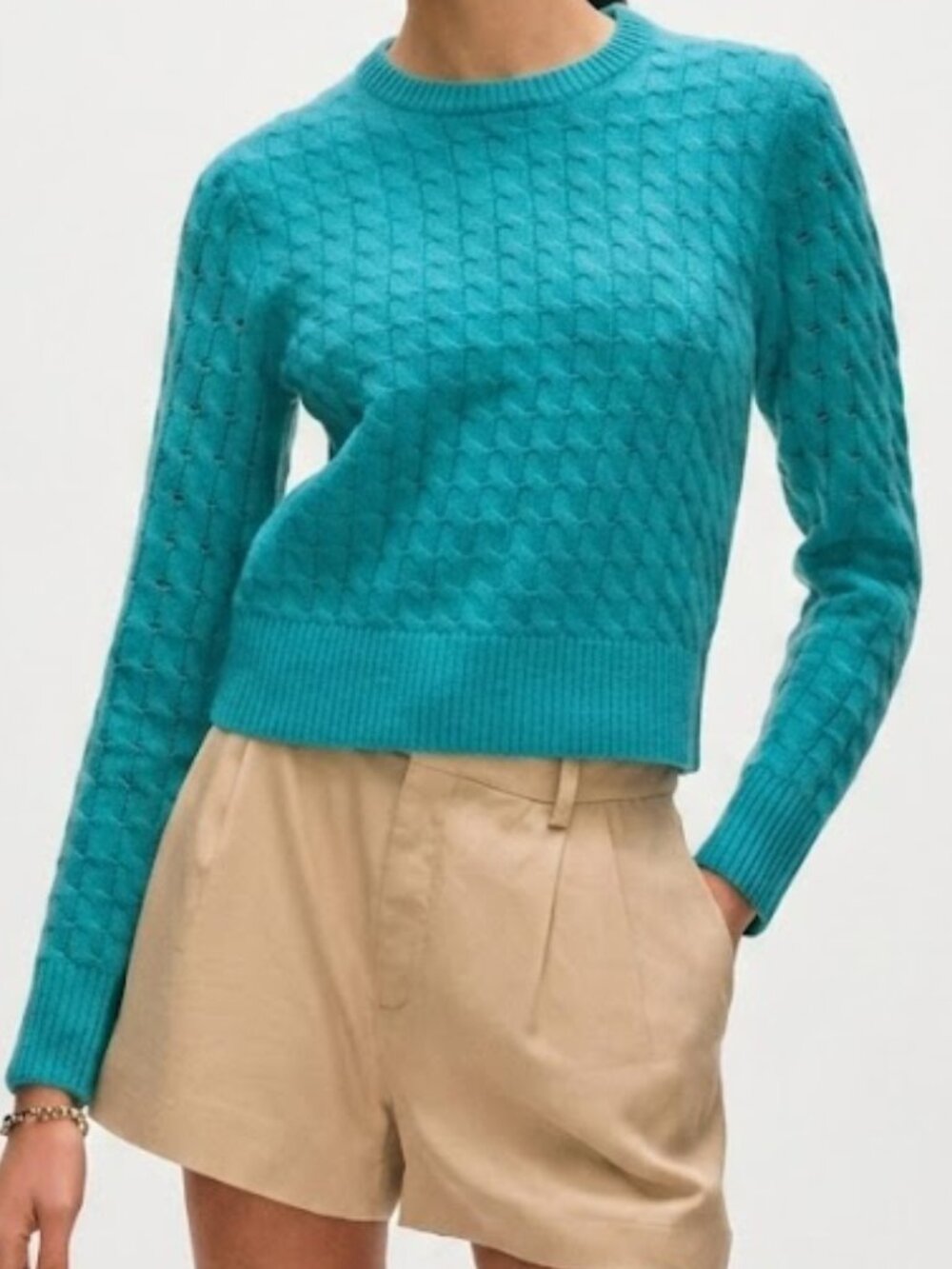 White + Warren Cashmere Cable Crewneck Sweater Turquoise Sea Medium